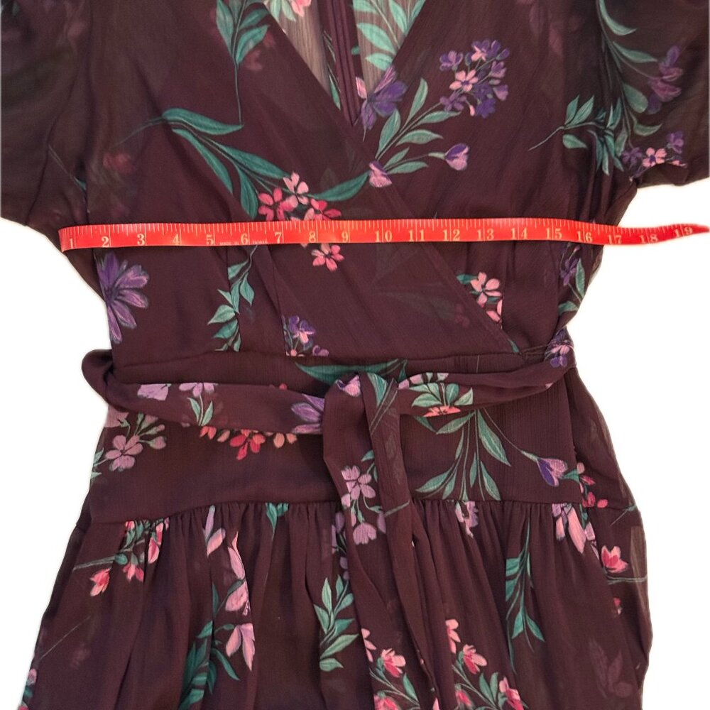 Calvin Klein Floral Plum Chiffon Wrap Dress | Size 12 | 3/4 Sleeve - Picture 5 of 7